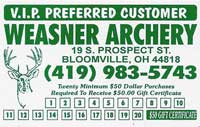 Weasner Archery VIP Preferred Customer Card